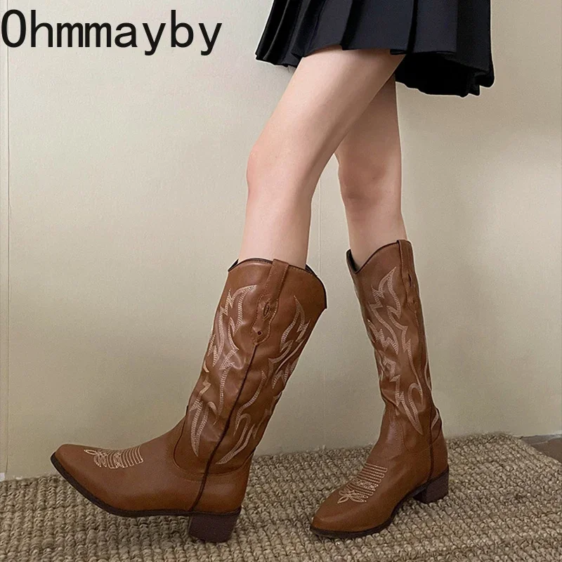 Vintage V mouth Women Western Knee-High Boots Fashion Pointed Toe Shoes Autumn Winter Thick Heel Ladies Knight Long Booties