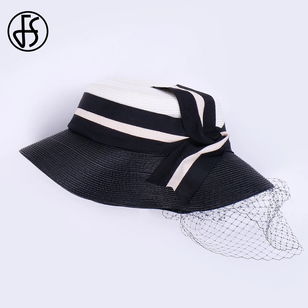 FS Formal Occasion Hats For Women With Veil Elegant Church Sun Visor Cap Ladies Black White Patchwork Fedoras Luxury Female 2024