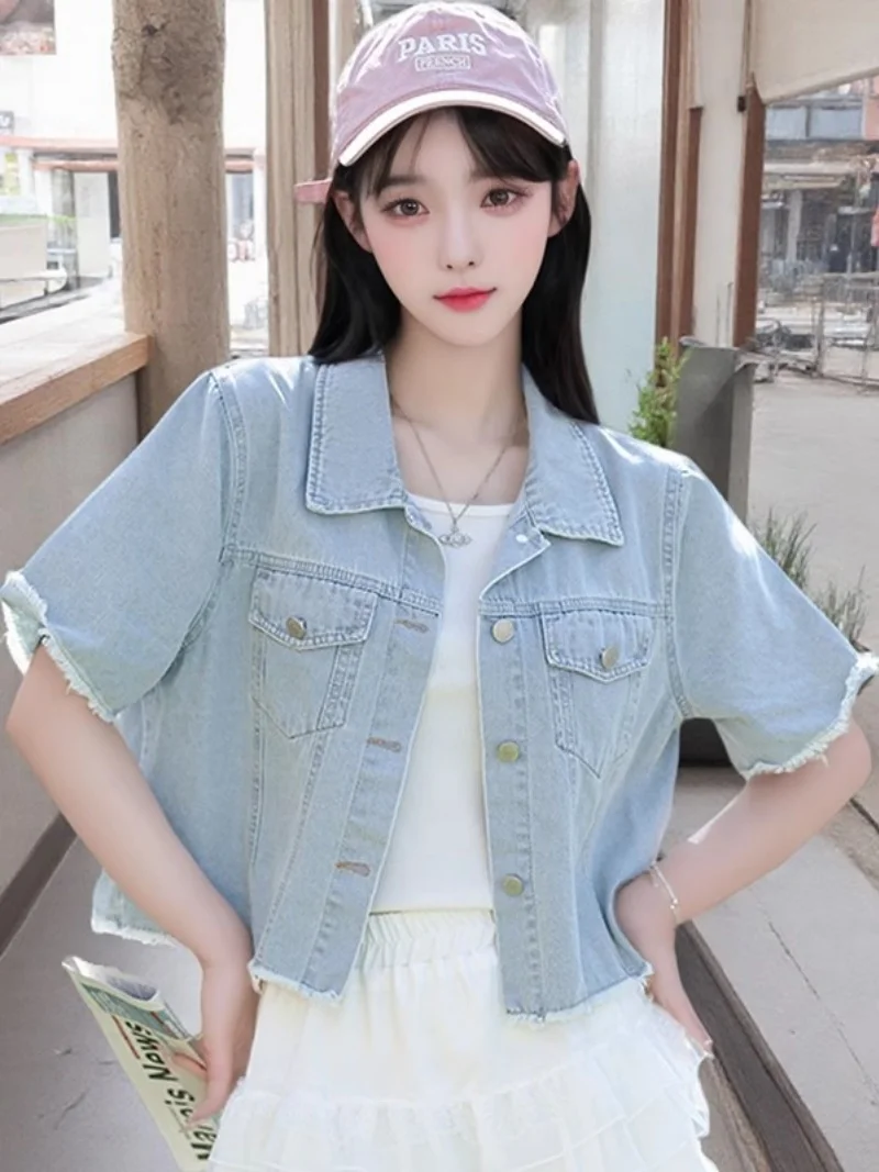 

Korean Casual Light Blue Denim Jacket For Women's Summer 2025 Retro Shirt Design Tassel Cardigan Top W040