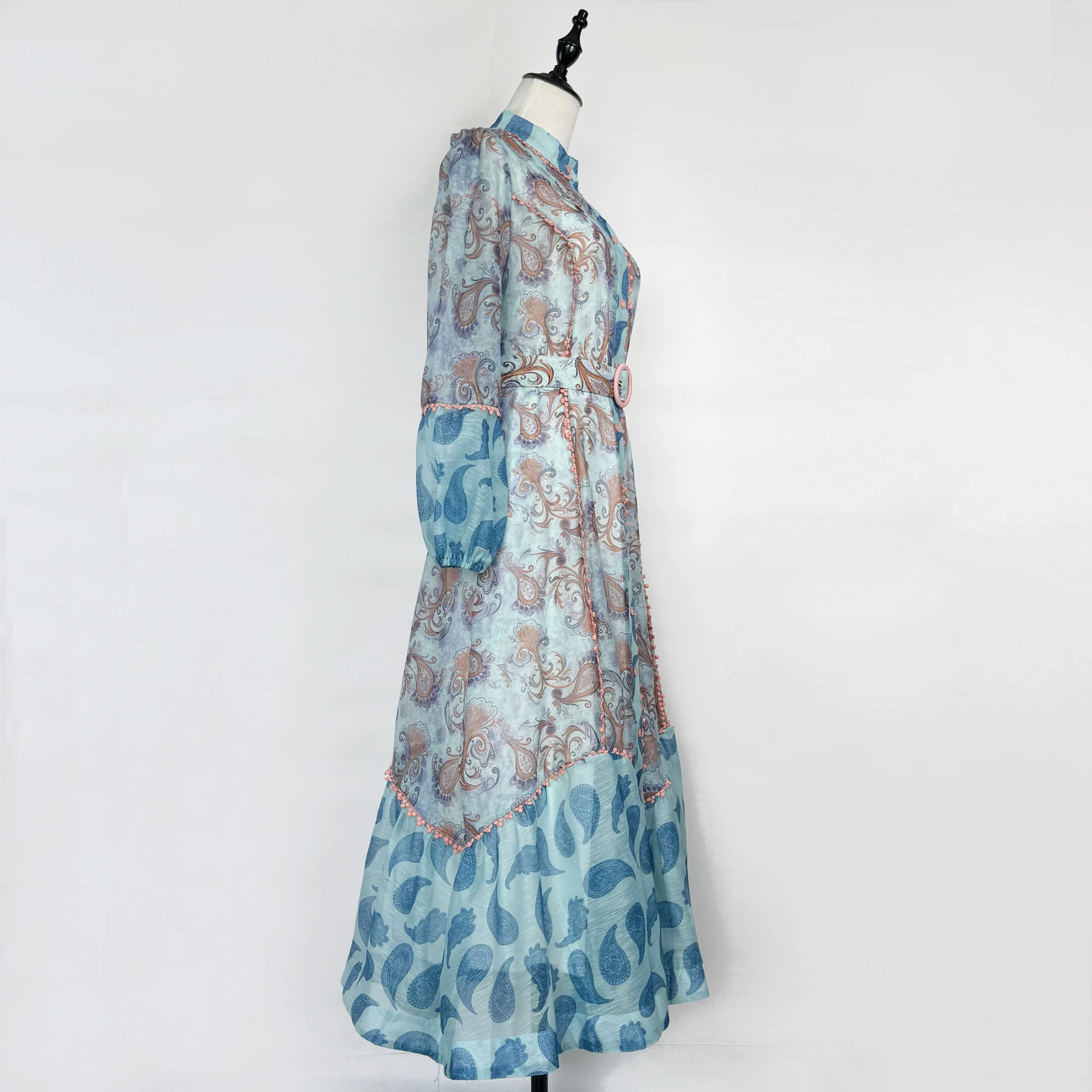 Retro australiano cintura tuerca flor Color Blo Faion un solo botón encaje Patchwork Stand Collar linterna Sve Dr Midi Dr