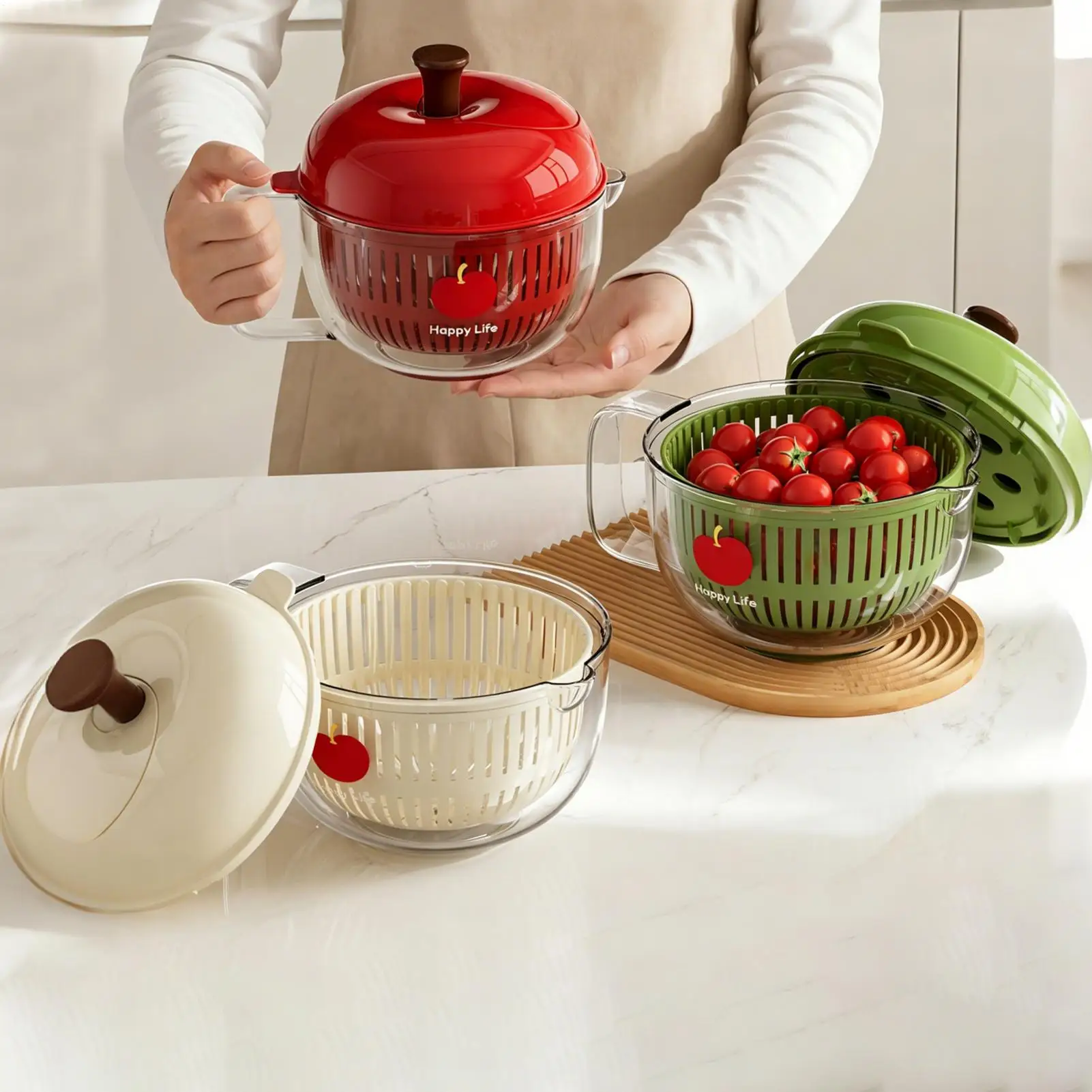 Apples Design Vegetable Washer , Double Layer Drain Basket, Manual Salad Spinner, Large Capacity Kitchen Organizer For Fruits view 2