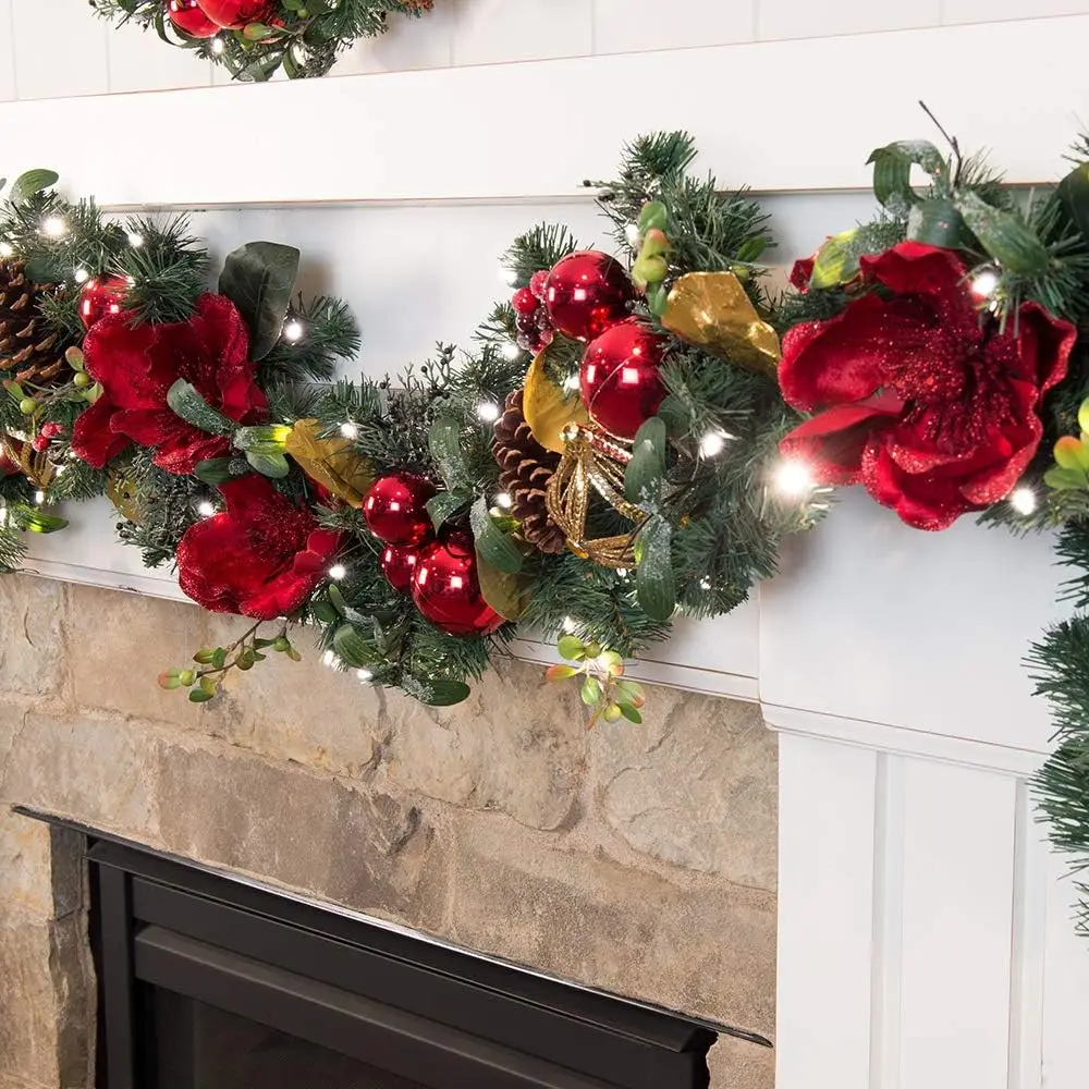 [9 Foot Artificial Christmas Garland] - Red Magnolia Collection - Red and Gold Decoration - Pre Lit with 100 Warm Clear Colored