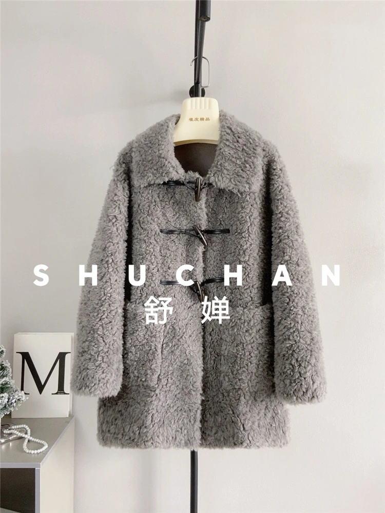 100% wool coat women new warmLamb wool horn buckle medium and long vertical insert pocket square collar pure wool composite fur