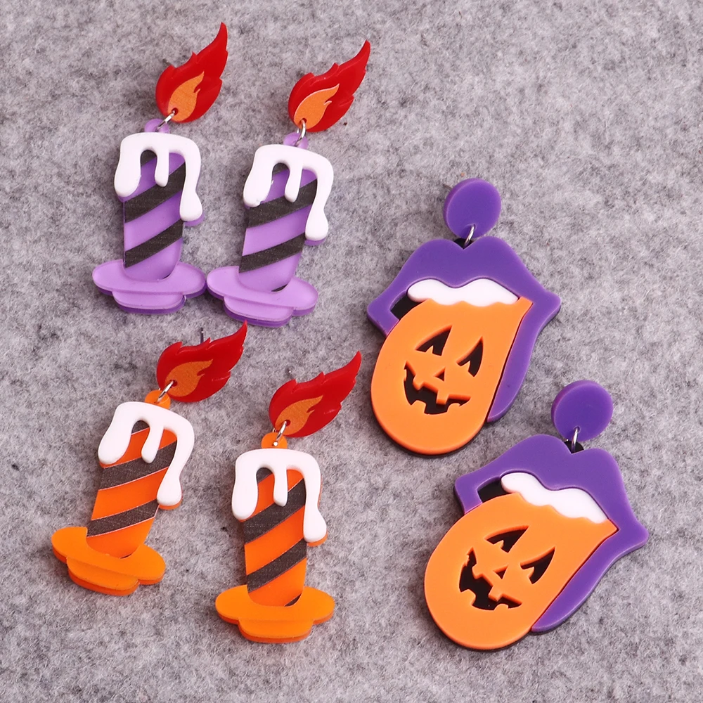 Halloween Red Flame Candle Acrylic Drop Earrings for Women Girls Funny Hallowmas Cartoon Pumpkin Dangle Earrings Jewelry Gifts