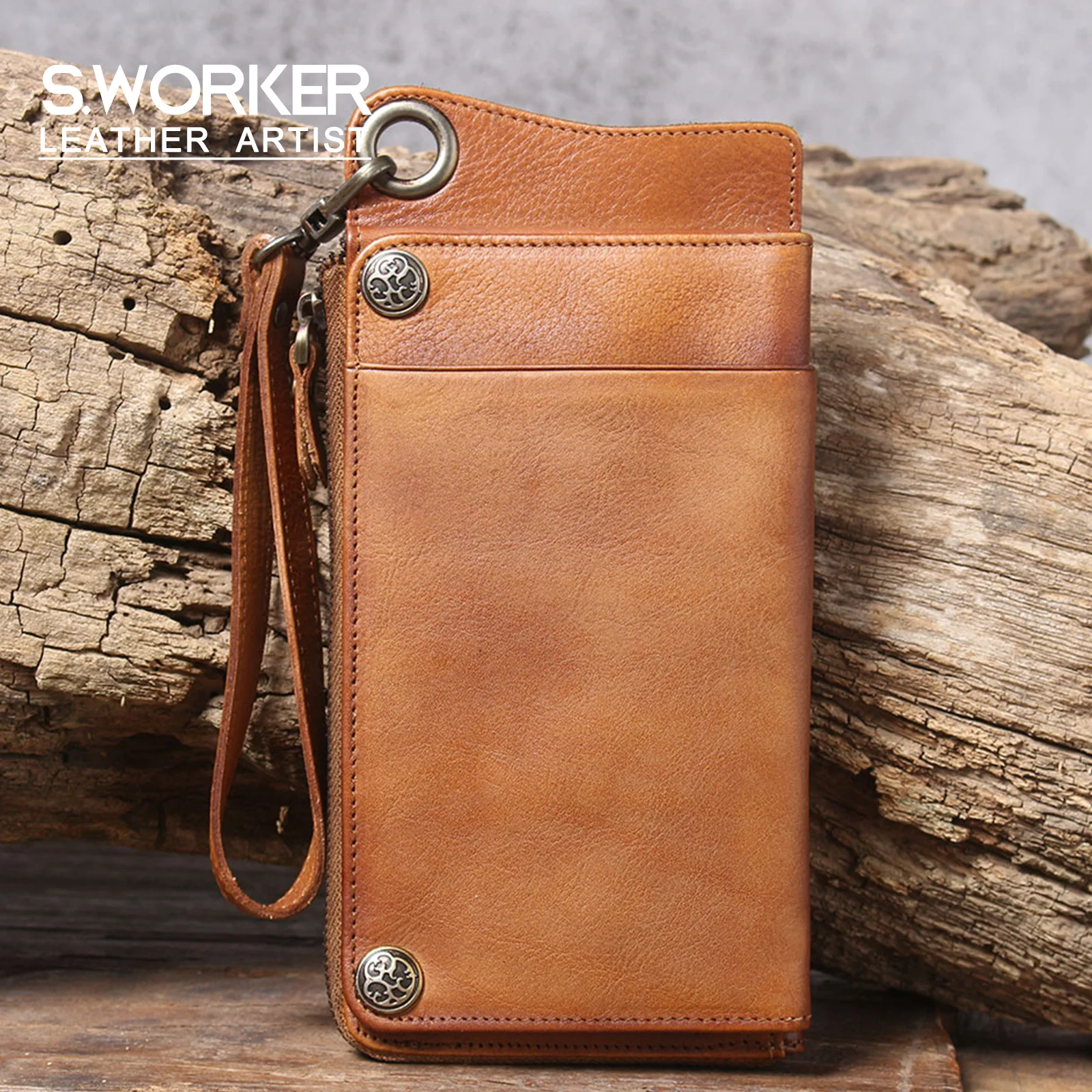 S.WORKER Echtes Vollnarbiges Rindsleder Langes Portemonnaie für Herren, Clutch mit mehreren Kartenfächern, Casual-Geldbörse mit Handgelenkschlaufe – Detail 2