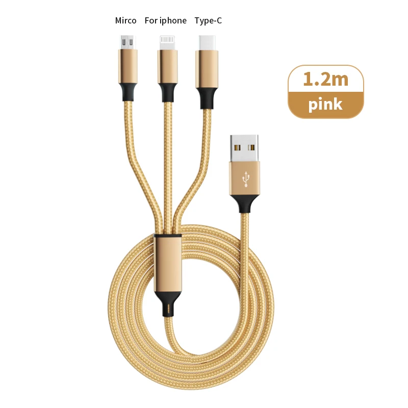 

3 In 1 Glod Fast Charging USB cable Type C Usb Micro For Iphone Samsung Huawei Xiaomi Multi Port Multiple Charging Wire Line
