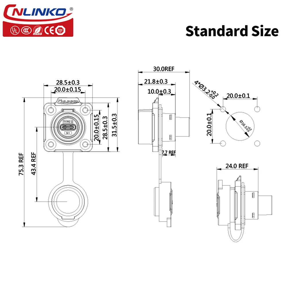 CNLINKO LP16 Waterproof Type-C USB 3.1 5A Female Socket Jacks Panel Mount USB C Connector for Fast Charging Data Transfer 10Gbps