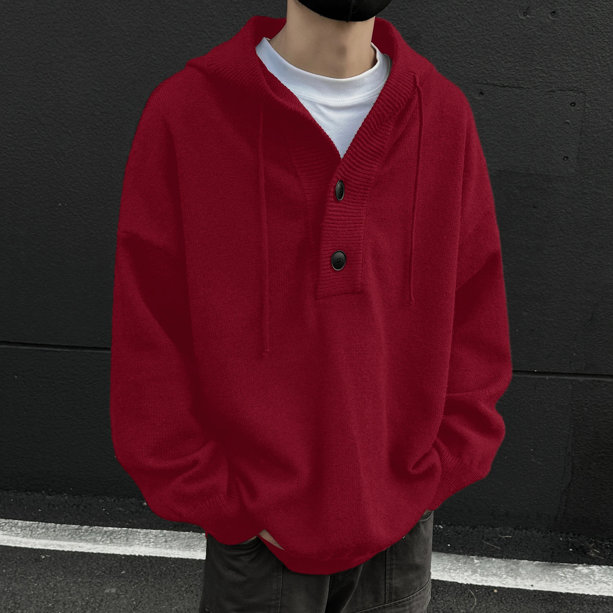 2025 Spring and Autumn Men's Gray Apricot Half Cardigan Knitted Sweater Men's Trendy Loose Casual Red Black Hooded Sweater