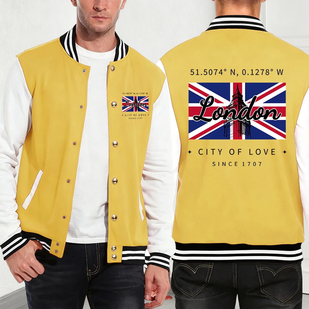 

London City Of Love Flagprinting Cotton Coats Mens Winter Fleece Warm Jackets Basics Pocket Baseball Jersey Sporty Men'S Clothes