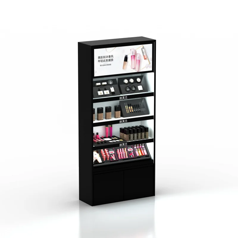 custom.Customized design paint black cosmetic stand display standing light cabinet showcase for make up