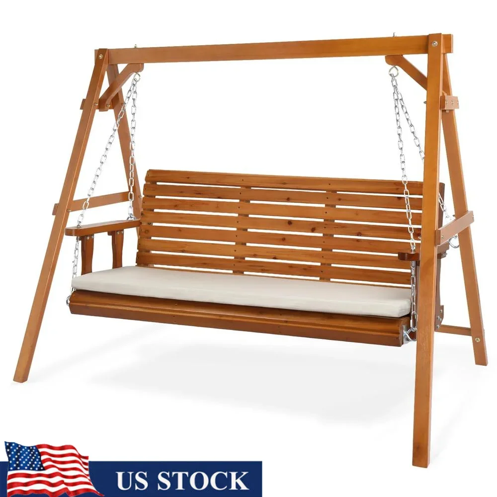 

5 FT Outdoor Swing with Frame Heavy Duty Porch Swing Extra Cushions Adjustable Chains High Weight Capacity Safe Design Garden