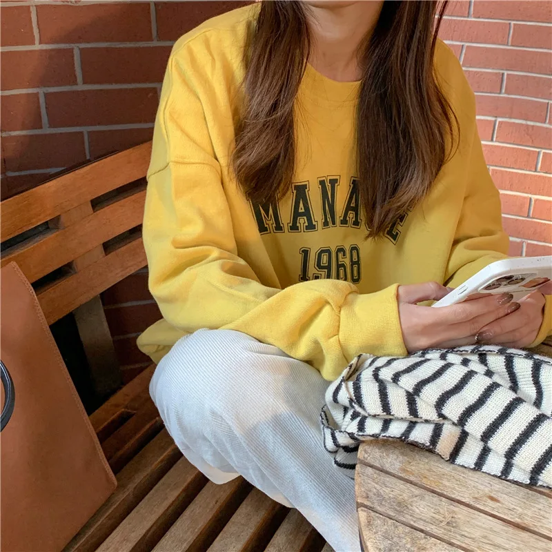 Thicken Korean Casual All-match Top 2024 Fashion Autumn Letter Printing Sweatshirts Women New Classic Loose Plush Tshirt Fall