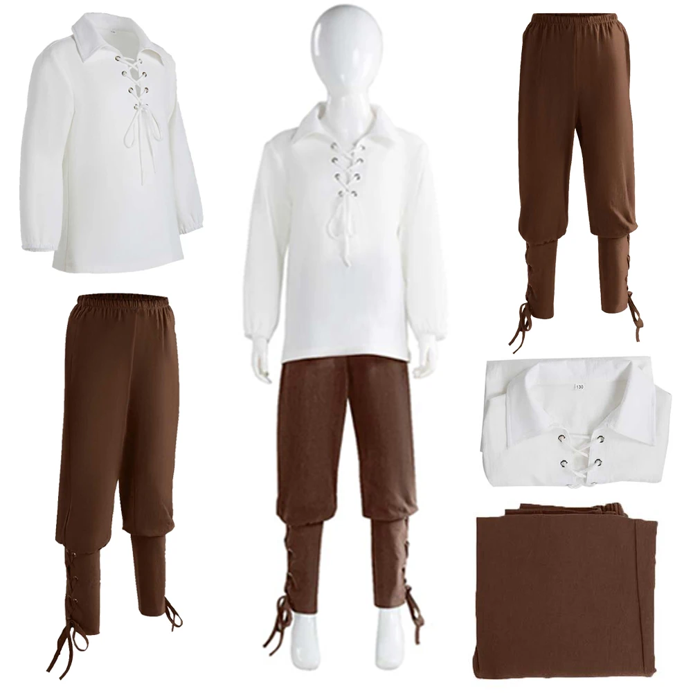 Medieval Pirate Cosplay Kids Boys Costume White Tops Brown Pants Retro Vintage Viking Roleplay Children Child Outfits Halloween