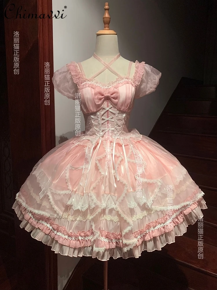 

Sweet Girls Princess Lolita Op Dress for Women Spring and Summer New Cute Bow Lace High Waist Birthday Party Ball Gown Dresses