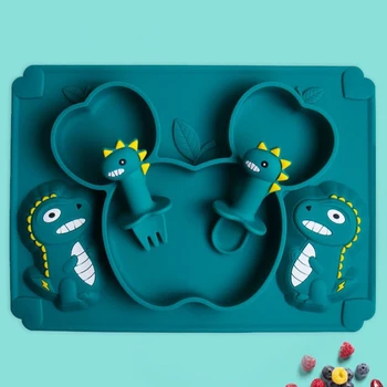 Ensemble de cuillères et fourcommuniste en silicone pour enfants, vaisselle d'apprentissage pour bébé, dinosaure, anti-ald, ustensiles d'entraînement à l'alimentation, plats en silicone de qualité alimentaire