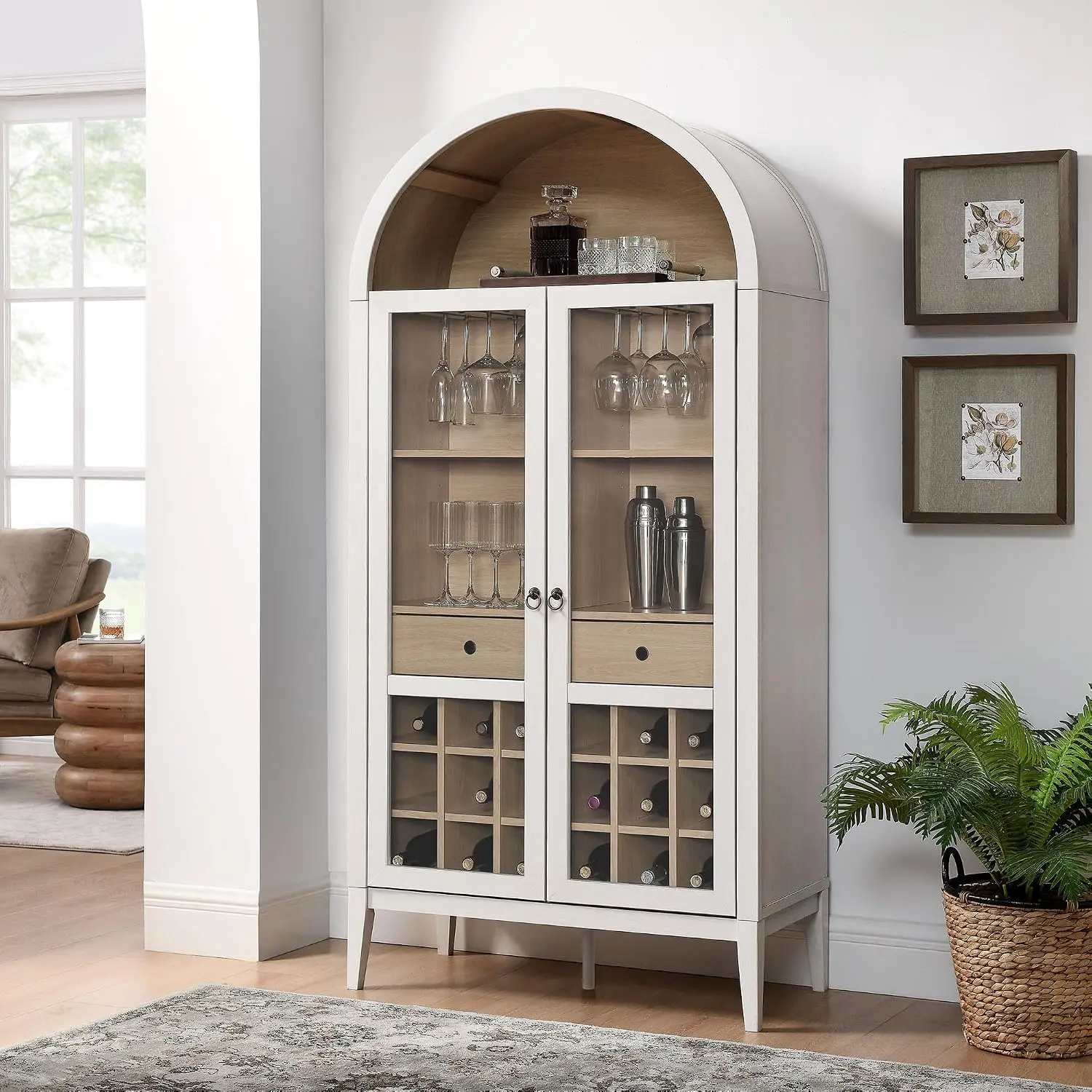 Arched Bar Cabinet Ivory Wood Grain 72