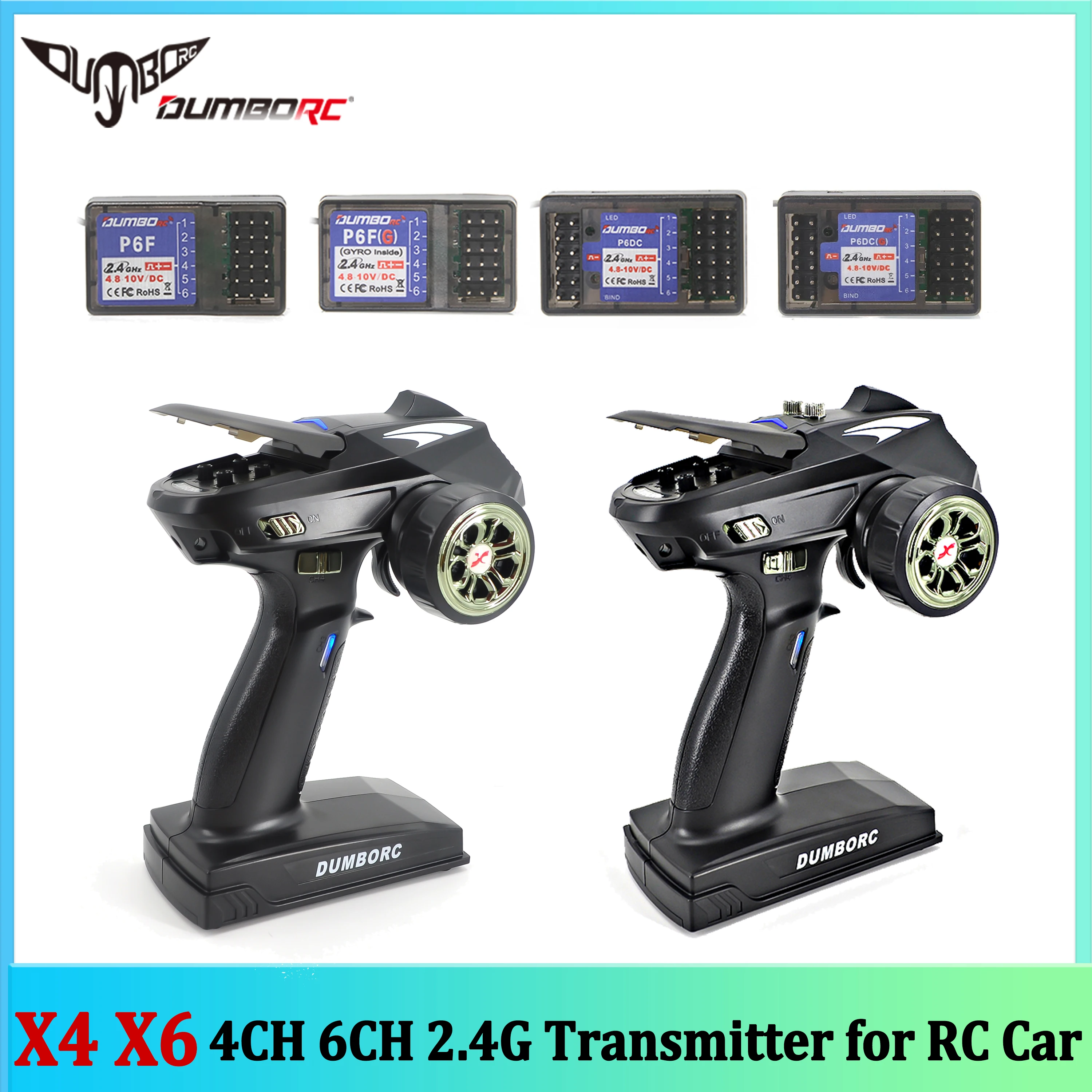 DUMBORC X4 X6 4CH 6CH 2.4G Transmitter with P6F P6FG P6DC P6DCG Gyro Receiver Remote Control 12LED Light for RC Car Boat Tank