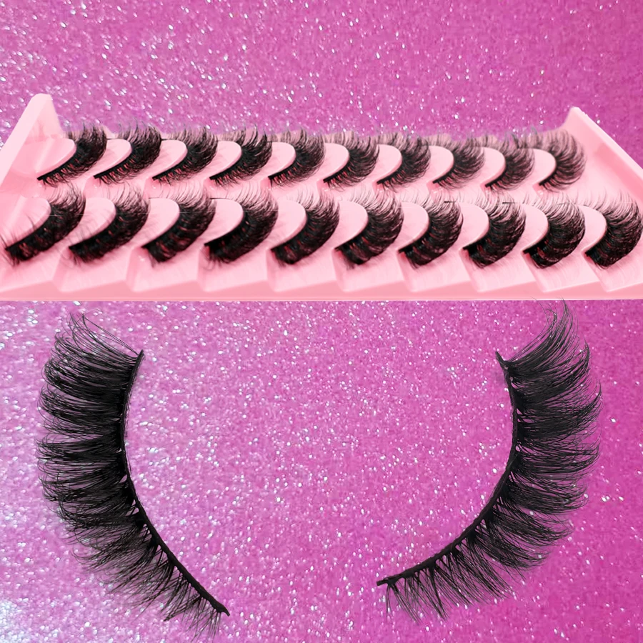 10組の自然なシミュレーションステージメイク用つけまつげ、3DブラックステムDDロール、テールウィング付き斜めフライフェイクまつげ