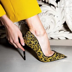 Flowers 3D Gold Embroidery Wrapped Pump Women Luxury Heels Metal Stiletto Black Sandals Summer Fashion Girls Party Evening Shoes