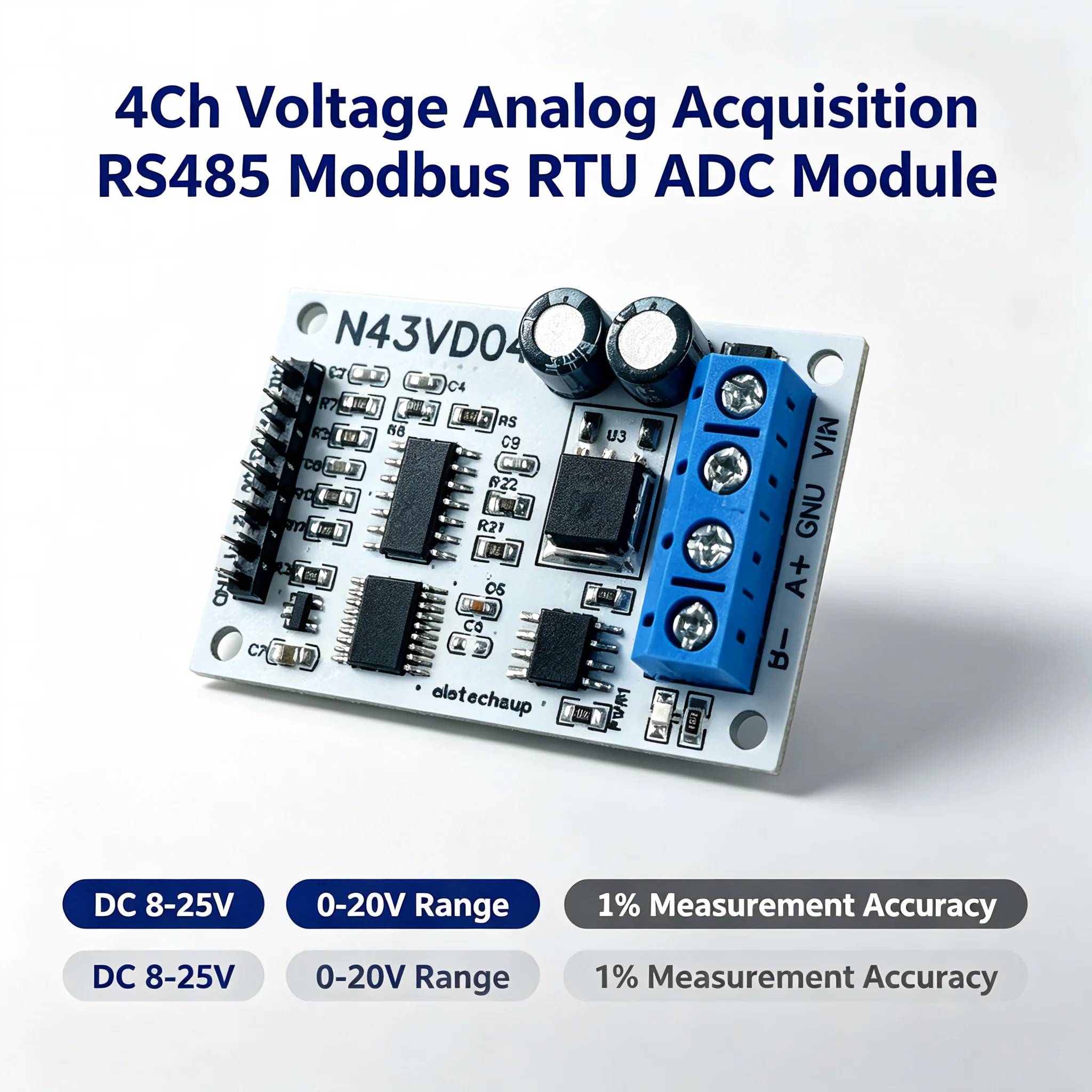 4-Channel ADC Module 4-20mA 0-5V 0-10V Analog Input to Digital Converter with RS485 Modbus RTU Interface for Industrial Automati