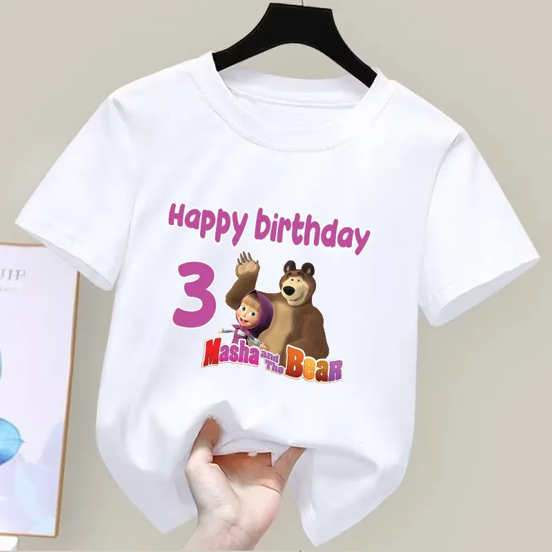 Mashas and The Bear Unisex T-shirts Cute Cartoon Anime Pattern Numbers 1-9 Printed Short Sleeve Birthday Party T-shirts Gifts