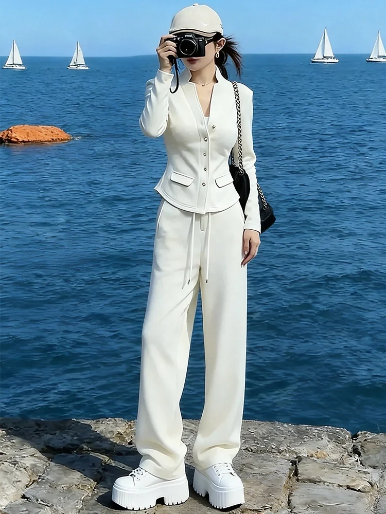 

Fashionable Casual Women's Set High Waist Wide Leg Pants Long Sleeve White Open Cardigan Spring New Style Two Piece Suit