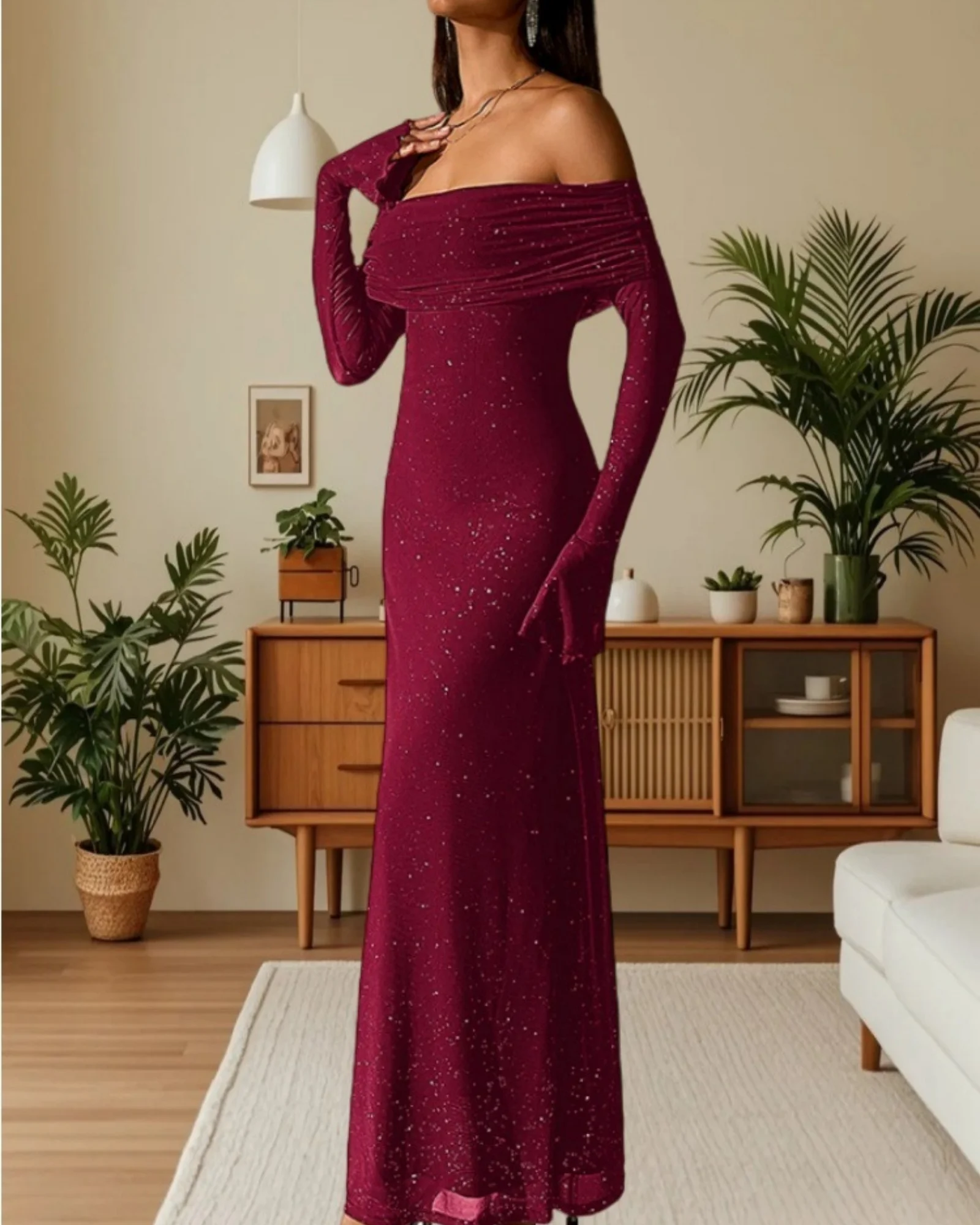 

LUCYSHIHATTU Women Off Shoulder Bodycon Maxi sequin Dress Long Sleeve Mesh Ruched Party Formal Wedding Guest Dresses