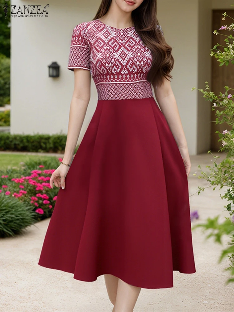 

ZANZEA Elegant Woman Ethnic Geometric Print Dresses Summer O-Neck Short Sleeve A-line Robes Femme Fitted Waist Midi Vestidos