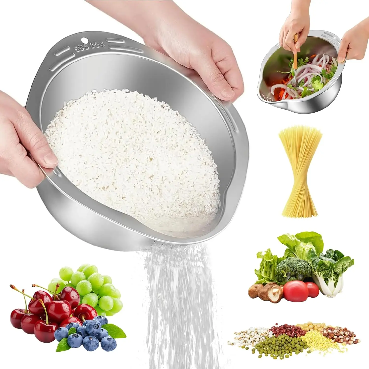 Cuenco colador para lavadora de arroz, cuenco de lavado de arroz de acero inoxidable, colador de tamiz de arroz, colador de frutas y verduras, cocina