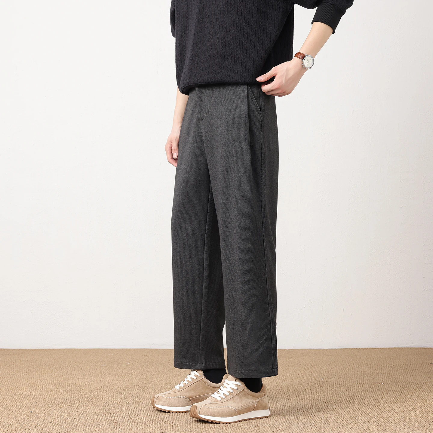 Autumn Winter Men's Straight Leg Loose Cropped Pants Classic Vertical Anti Wrinkle Elastic Waistband Comfortable Soft Wool Pants