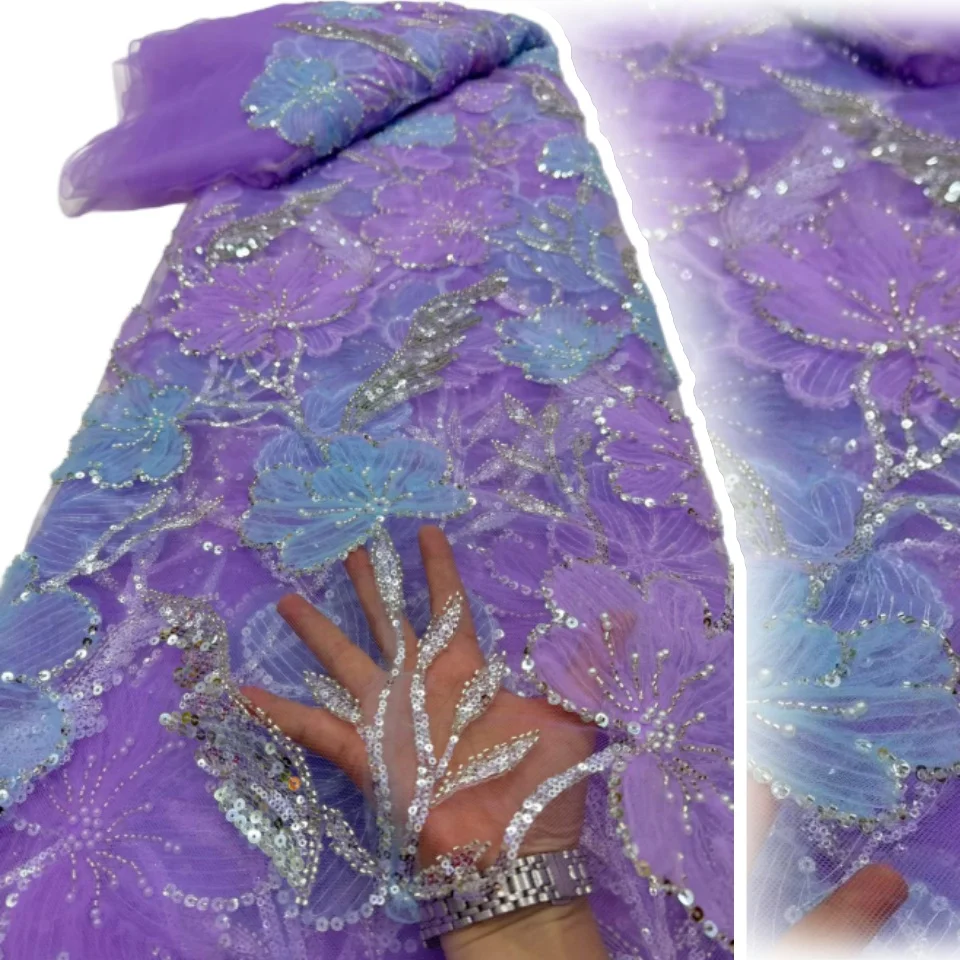 

3D High Quality Embroidery Flower African Sequins Fabric 2026 French Beaded Lace Fabric For Nigerian Party Dress Sewing 2613