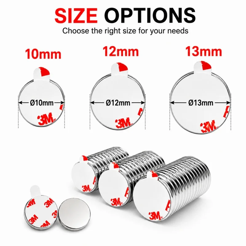 10/12/13mm Leistungsstarke Runde Magnete mit Kleberückseite N35 NdFeB Neodym-Magnete Klebende Magnetische Aufkleber für Zuhause – Detail 6