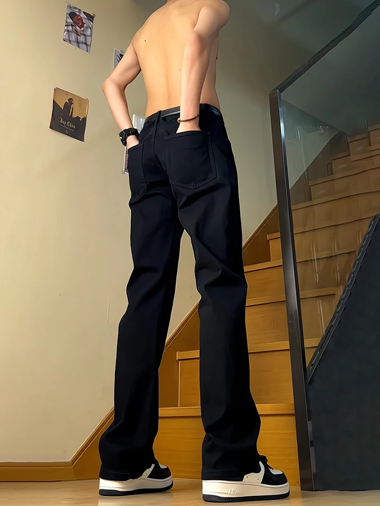 Jeans de Cintura Alta em Denim Preto Macio para Homens, Jeans de Perna Reta com Alta Elasticidade, Estilo Americano de Verão, Respirável em Algodão e Poliéster