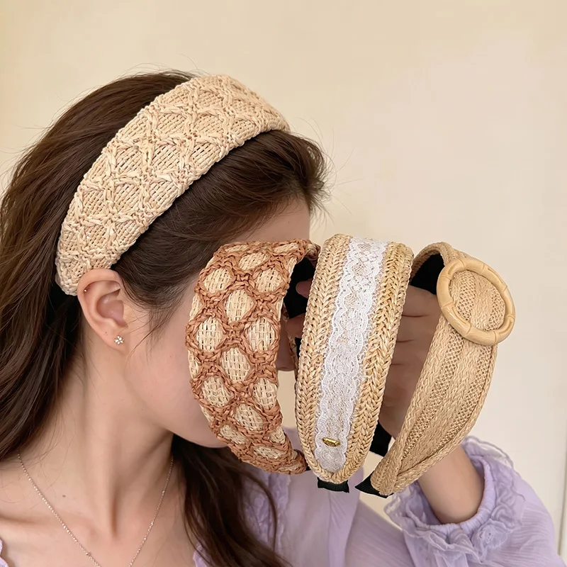 Headband Wide Straw Lace Retro Bamboo Button Crown Boosting Volume Vacation Beach Boho Hair Band for Women Daily