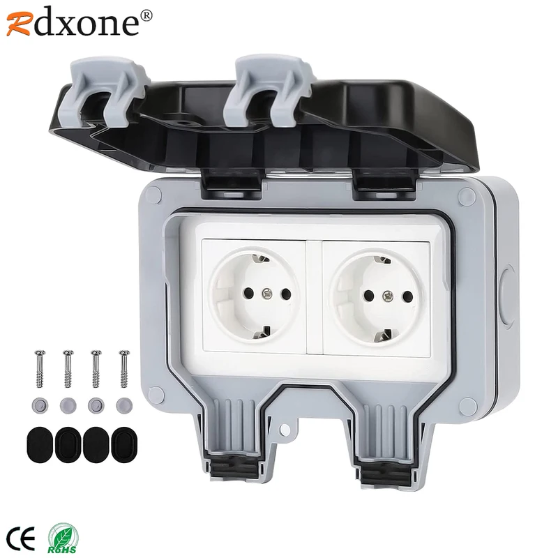 IP66 Weatherproof Plug Scoket Waterproof Outdoor Wall Power Socket 16A Double EU Standard Electrical Outlet Grounded AC 110~250V