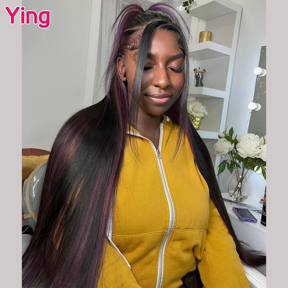 Highlight Grape Purple Colored Bone Straight 6X4 Lace Closure Wig PrePlucked Brazilian Remy 13x6 Lace Frontal Human Hair Wig