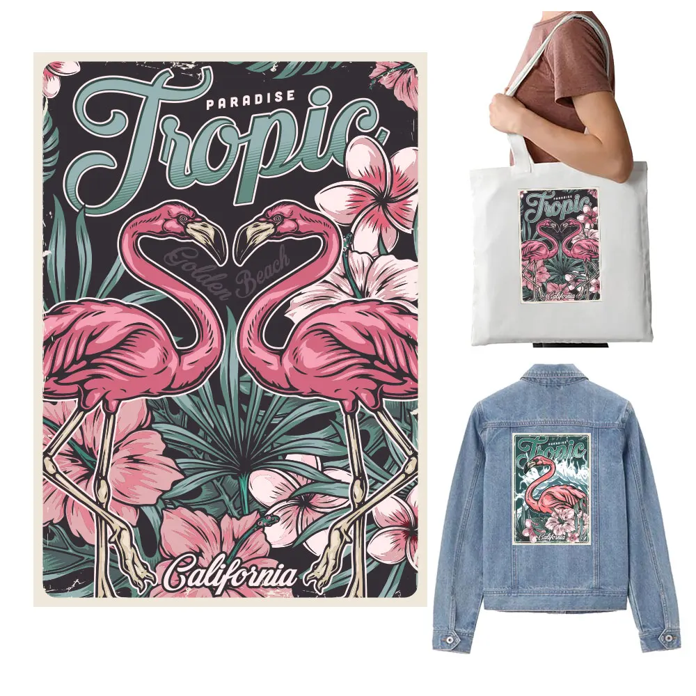 Beautiful Pink Flamingo Plants Thermal Sticker Patches Iron On Clothes Tropical Vintage Heat Transfer DIY T-shirt Women Decals