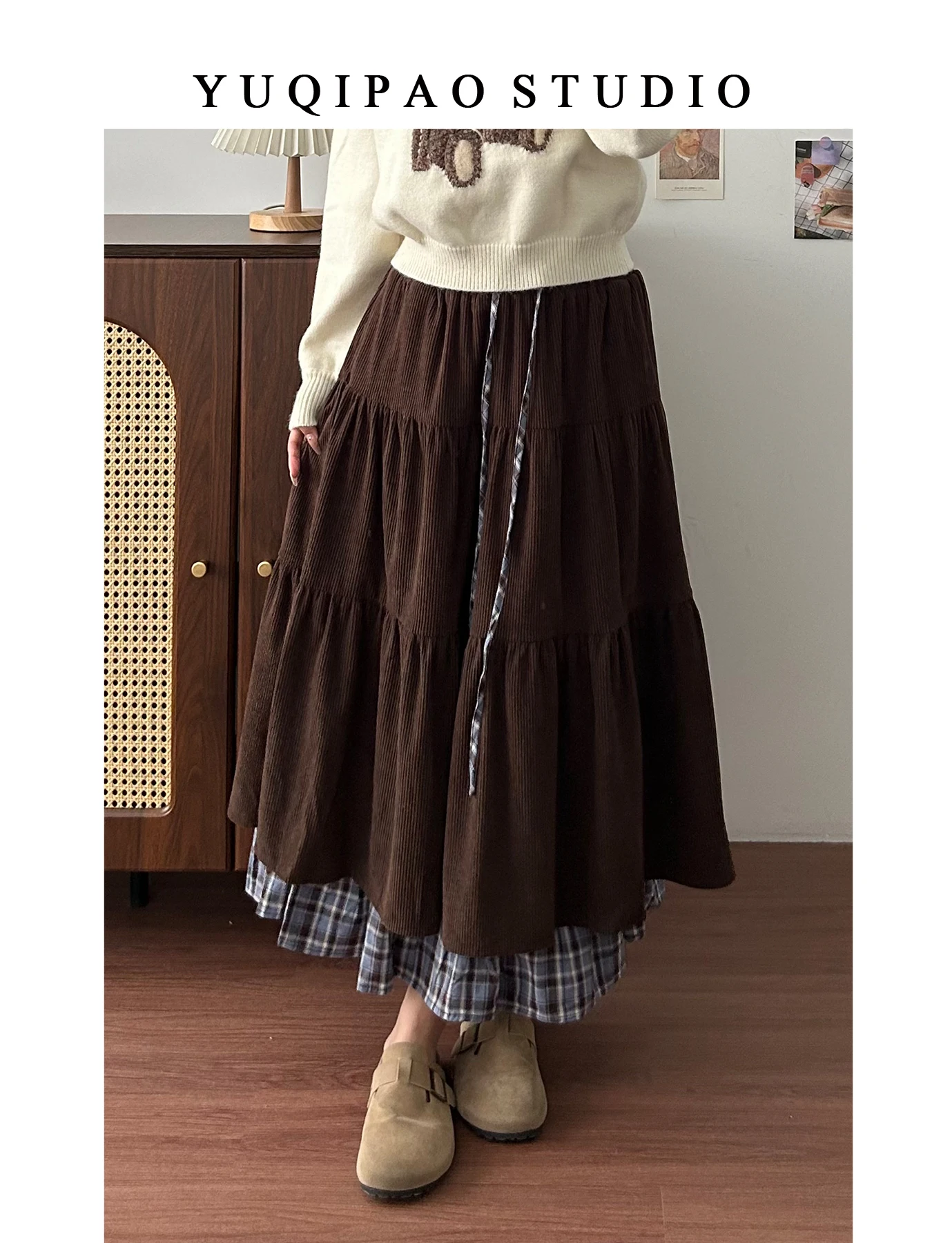 

Женская коричневая вельветовая юбка в клетку больших размеров в стиле ретро, с завышенной талией, А-силуэт, миди, с кружевной отделкой, повседневная, для офиса и города