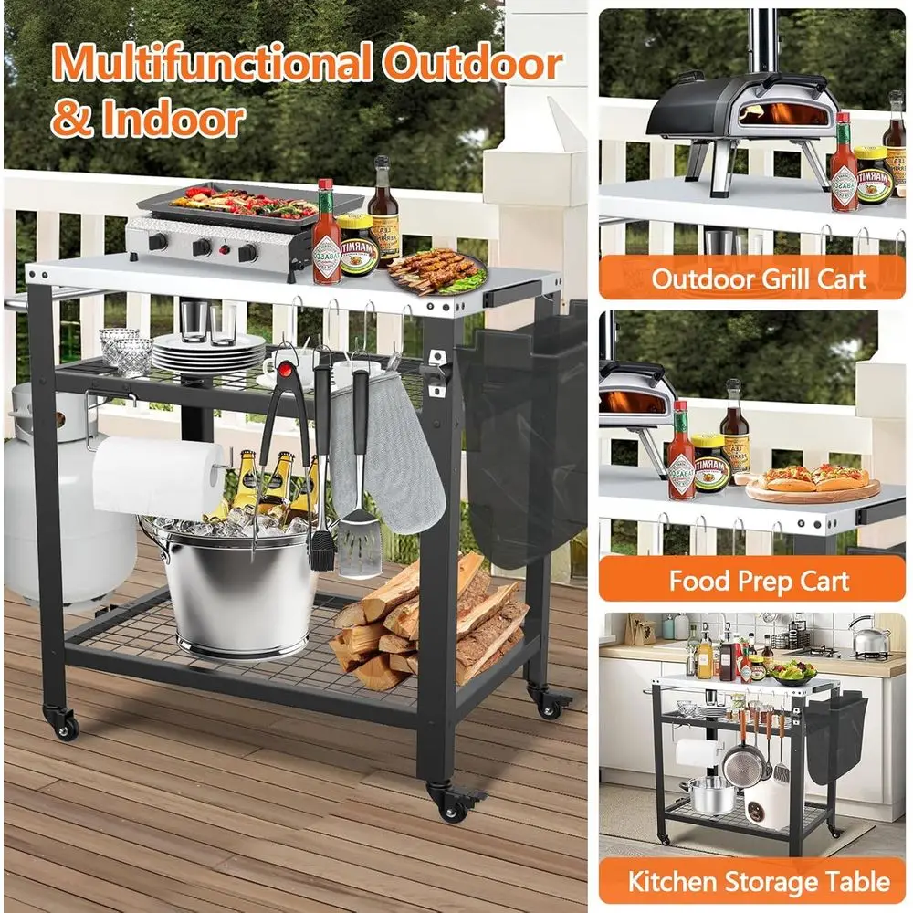 Stand Oven Pizza Ooni dengan Kapasitas 650 lbs, Troli Persiapan Tiga Rak, Troli Panggangan Luar Ruangan Beroda