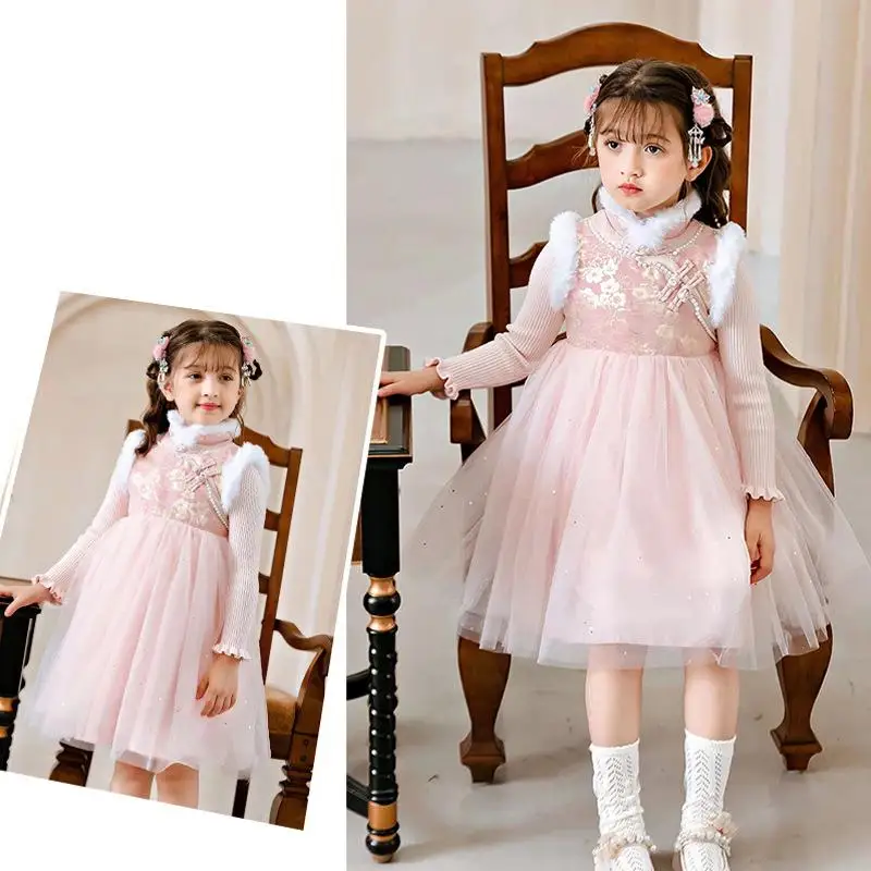 Winter Girls Cotton-padded Clothes Kids Cotton Embroidery Tang Suit Children Chinese Lovely Long Sleeve New Year Dress