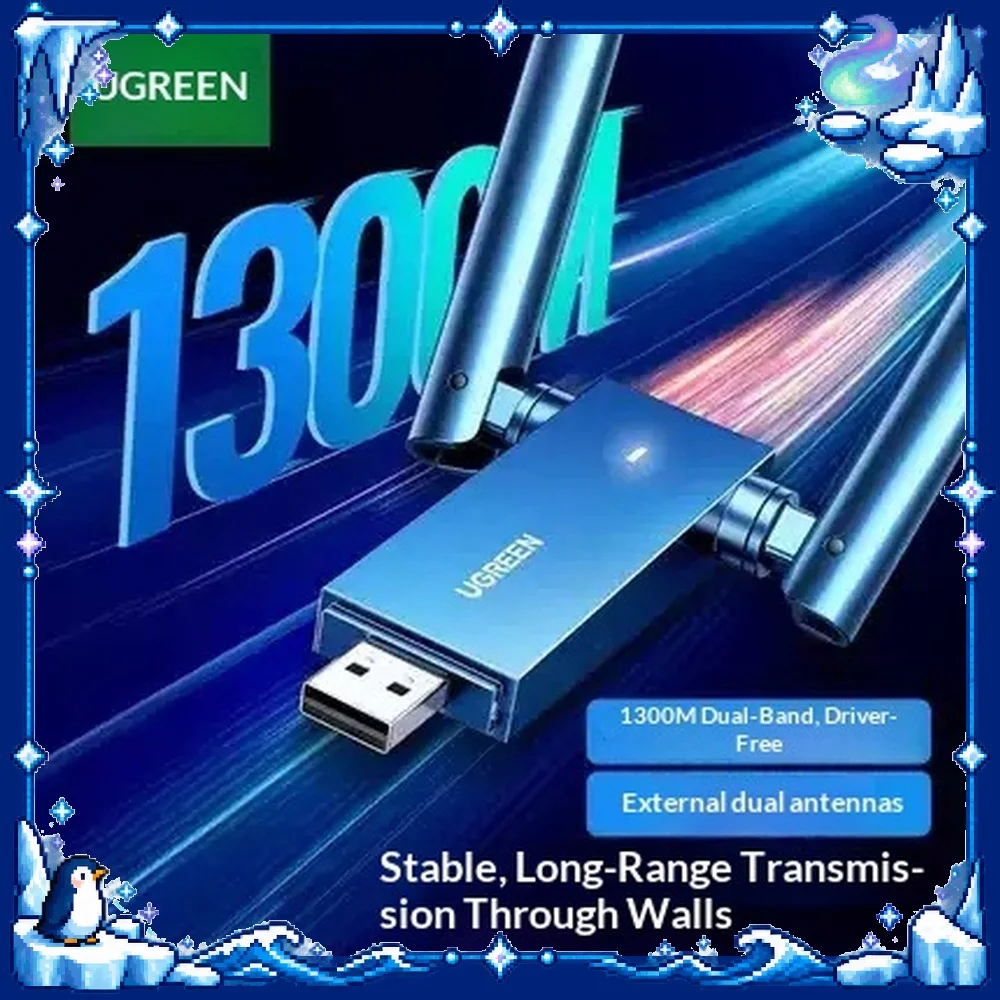 UGREEN CM493 USB WiFi Adapter AC1300 Dual Band 2.4GHz 5GHz USB 3.0 Dual Antenna Wireless Network Receiver for Desktop Laptop