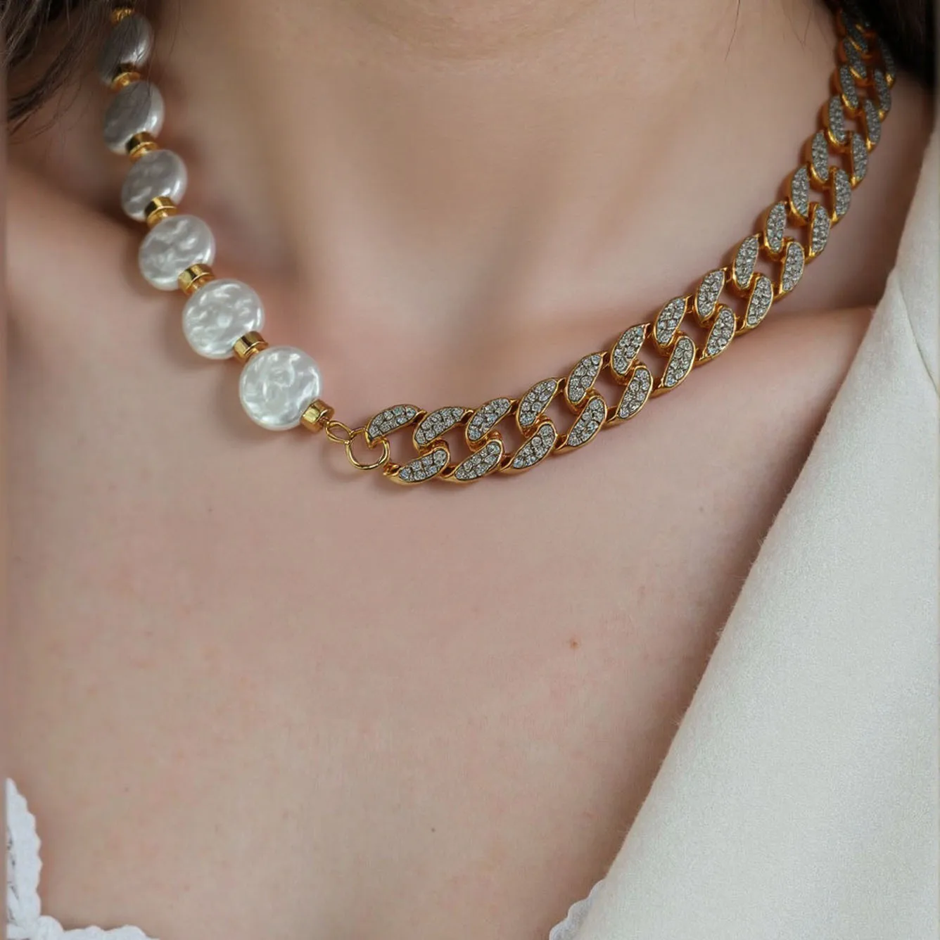DIY accessories European and American fashion Cuban chain jewelry, special-shaped pearl connection chain, versatile women's neck