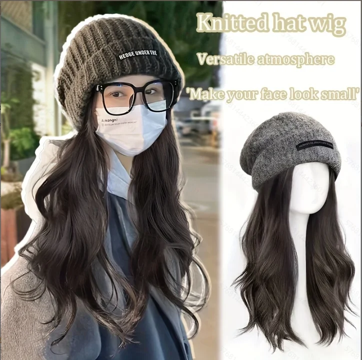 Long curly hair knitted hat, synthetic wig one-piece long hair full head cover hat wig easy to wear