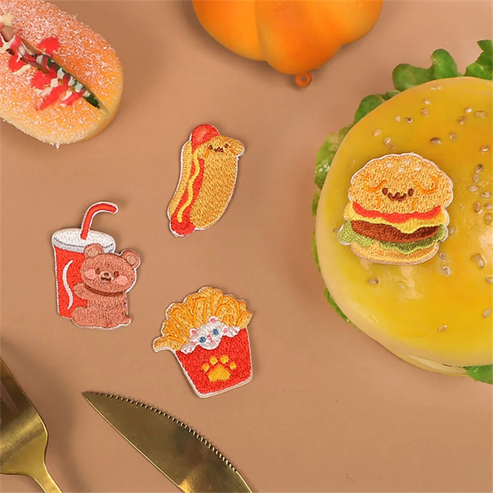 1 Piece Exquisite Embroidery Hot dog, fries, hamburger, coke Iron on Patch for Clothing Sticker DIY Repair Decoration