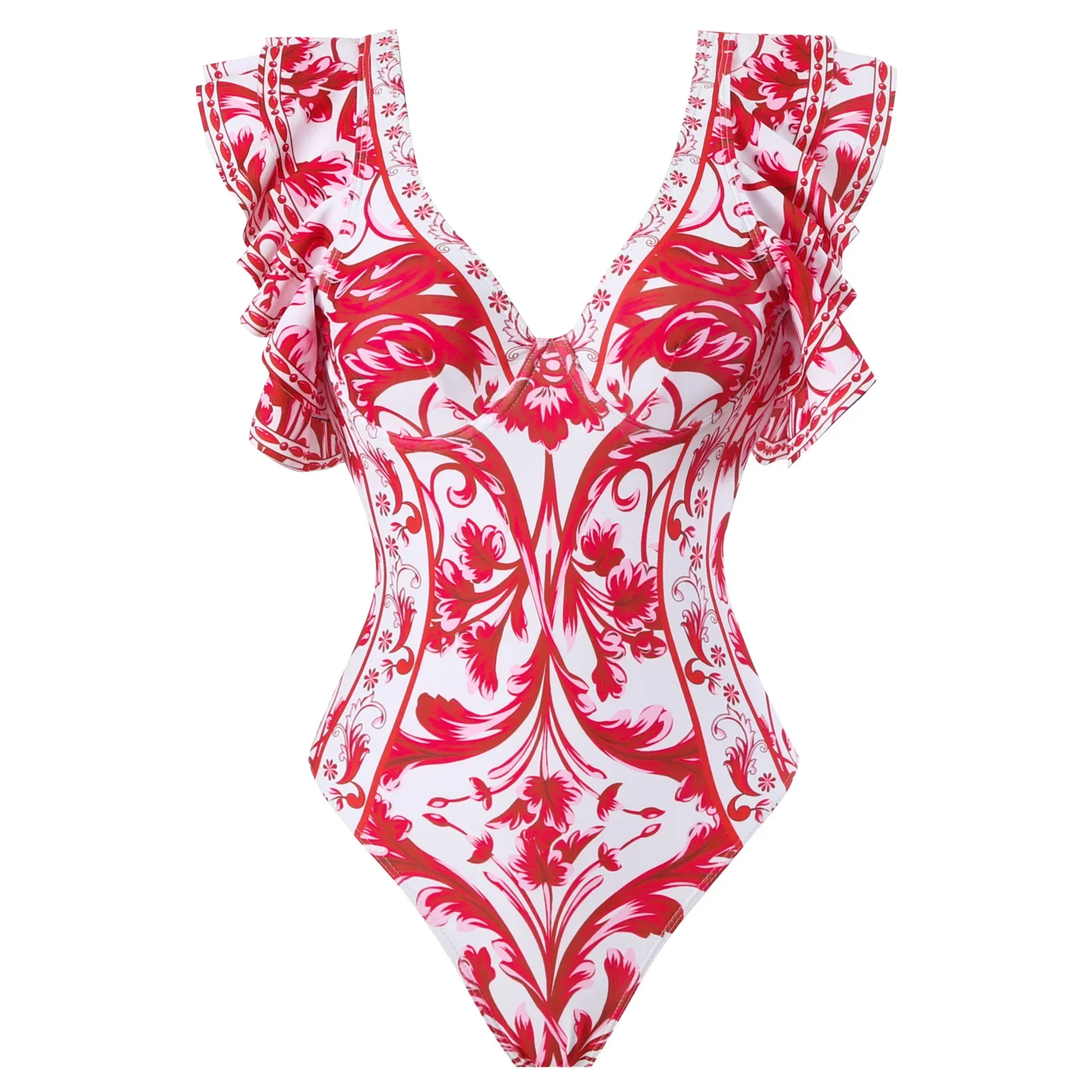 Women Summer Bikini Set Swimwear Cover-up Swimsuit Ruffle Solid Printed Deep V One-piece Monokini Kimono  Suit Summer Beachwear