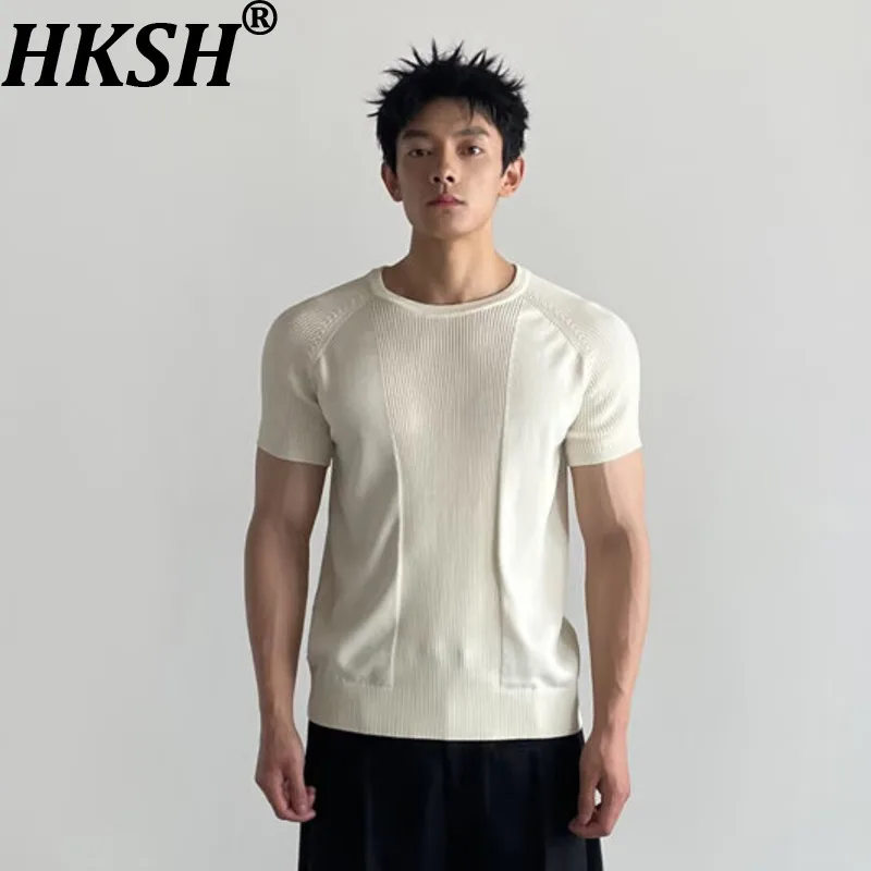 HKSH Spring Summer New Men Tide American Stylish Trendy Loose Simple Textured Patchwork Slim Knitted Short-Sleeved Tees HK21329