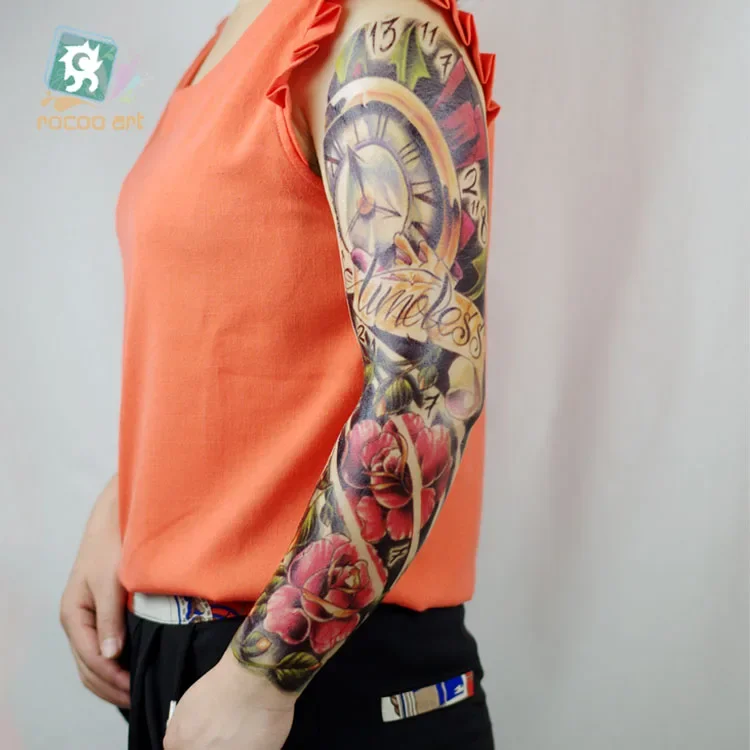 Rocooart Chest Back Taty Full Arm Temporary Tattoo Sticker Cool Flower Clock Fake Tattoo For Men Women Tatuagem