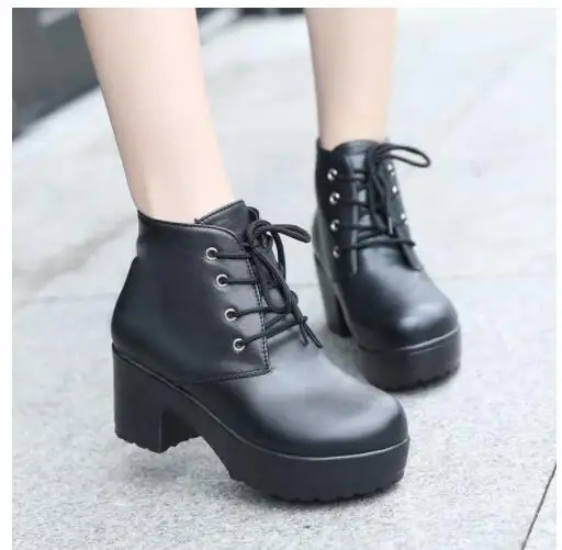 

Classic Spring Autumn Women Shoes Black High Heels Boots Lacing Platform Ankle Boots Chunky Heel Leather Shoes Lace-up booties