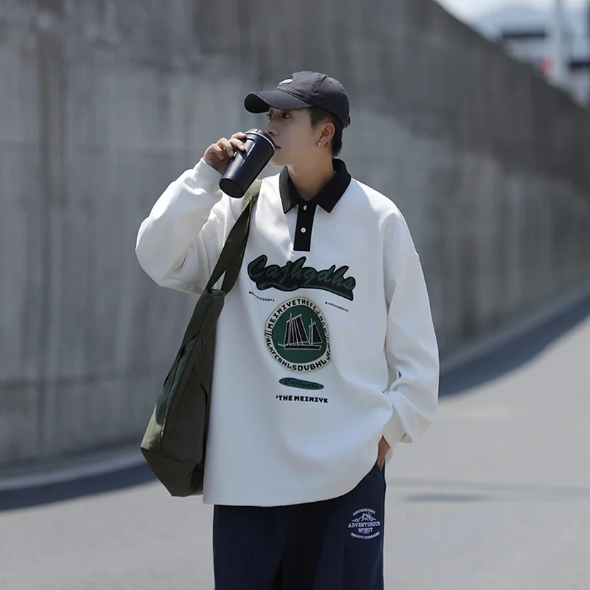 

American Style Long Sleeve Hoodie Men's Turn-down Collar Spring Autumn Outerwear Casual Loose Fit Embroidered No-iron Treatment