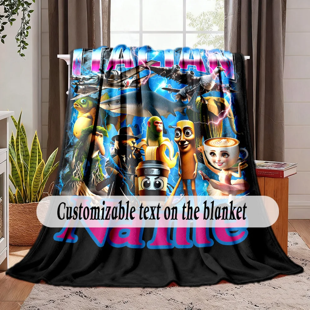 Custom name Italian brainrot flannel blanket, soft blanket, suitable for sofa, bed, birthday, children, friends, gift